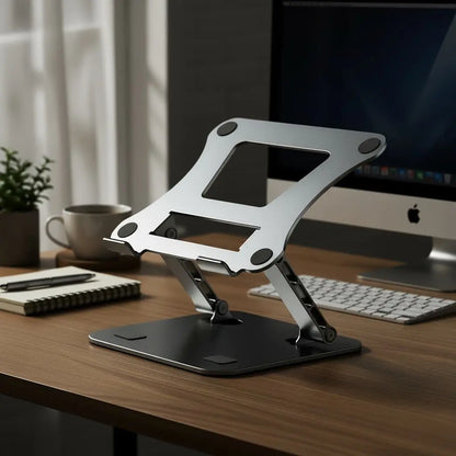 laptop stand standing on working desk near iMac and keyboard Utopia Corner