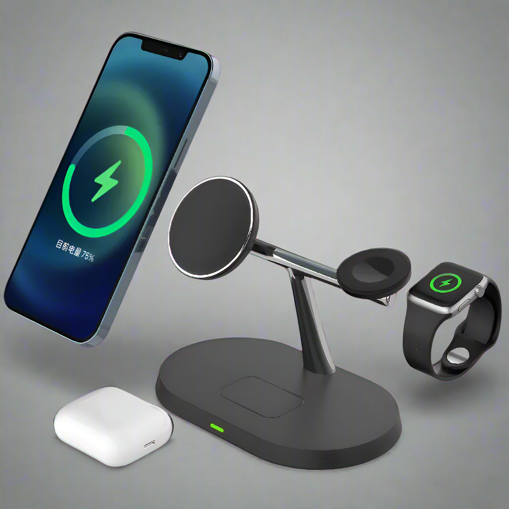 Apple charging station charging iPhone, Apple Watch, and AirPods simultaneously on desk
