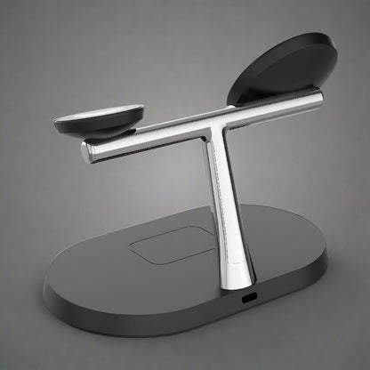 Black Apple charging station with organized charging slots for iPhone, AirPods, and Apple Watch
