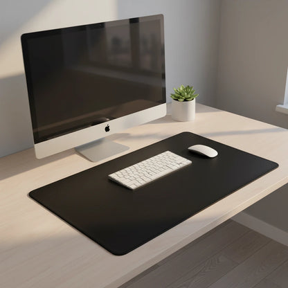Black PU leather mouse pad with sleek design and stitched edges for professional desk aesthetics

