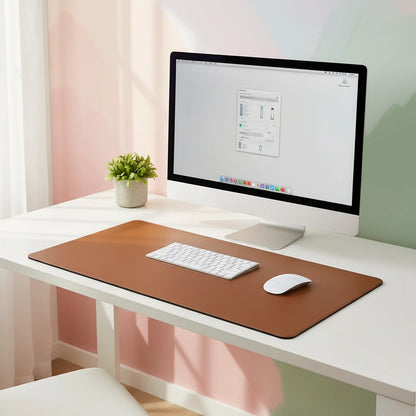 Brown PU leather mouse pad with smooth surface and stitched edges for stylish workspace setup
