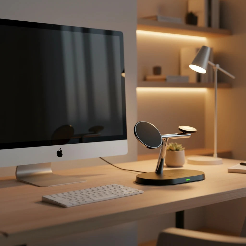 Compact black Apple charging station charging iPhone, Apple Watch, and AirPods in one spot
