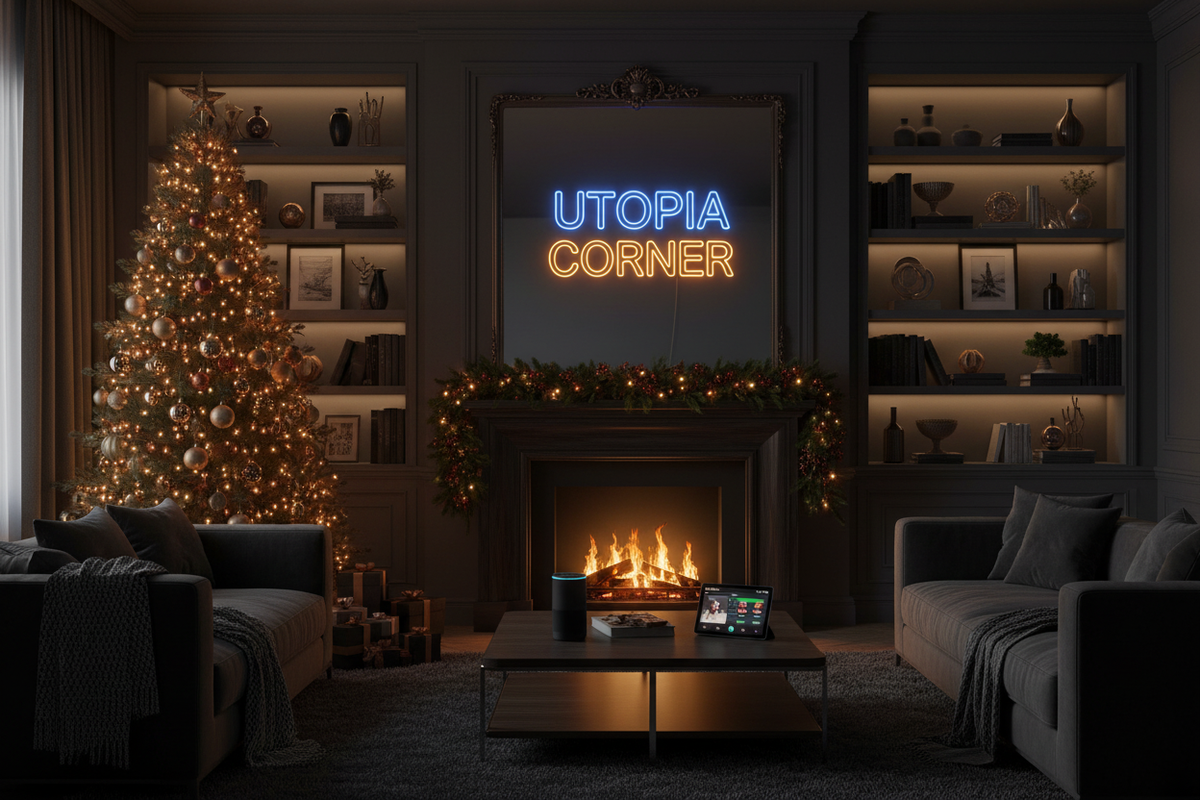 Dark Aesthetic Christmas Scene with Utopia Corner Neon