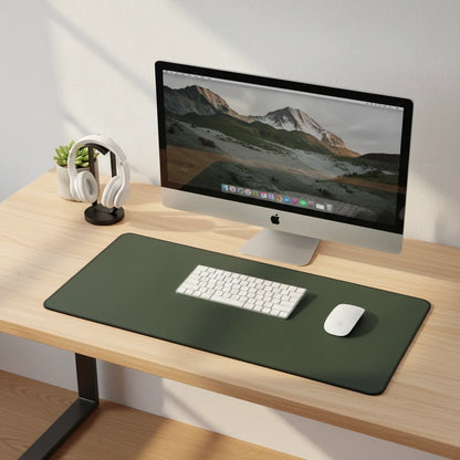 Dark green PU leather mouse pad with elegant matte finish and stitched edges for modern desk setups
