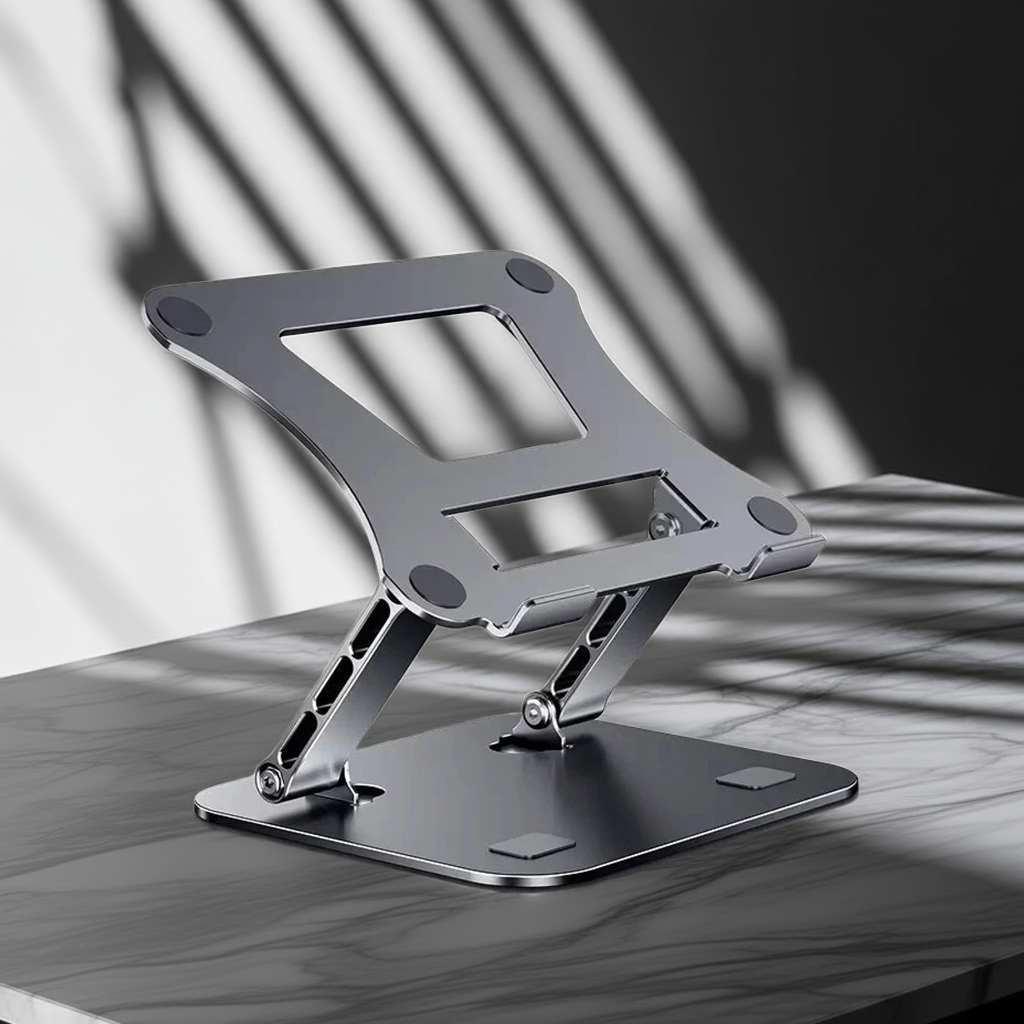Deep grey aluminum laptop folding stand with sleek design and adjustable height
