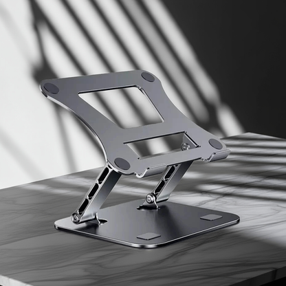 Deep grey aluminum laptop folding stand with sleek design and adjustable height
