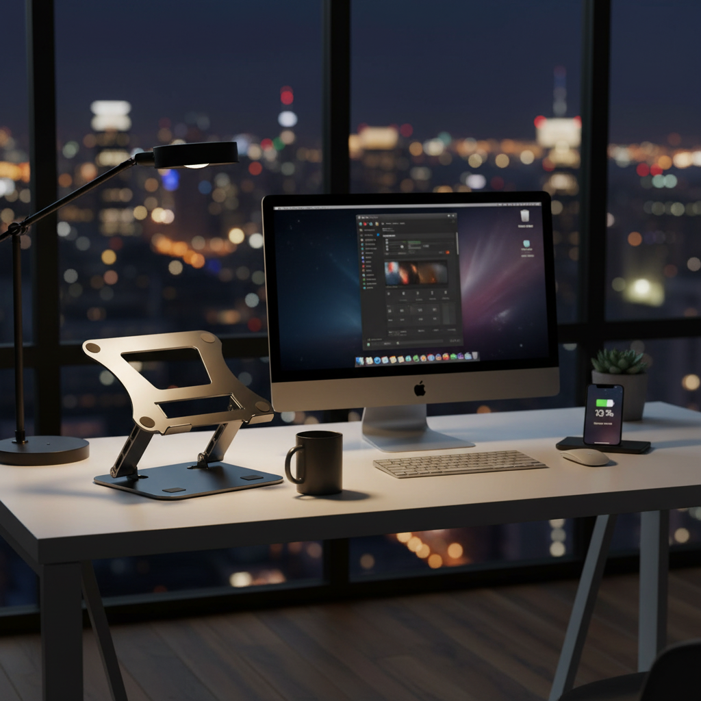 laptop stand from Utopia Corner standing on the working white desk near iMac and apple accessories at night 