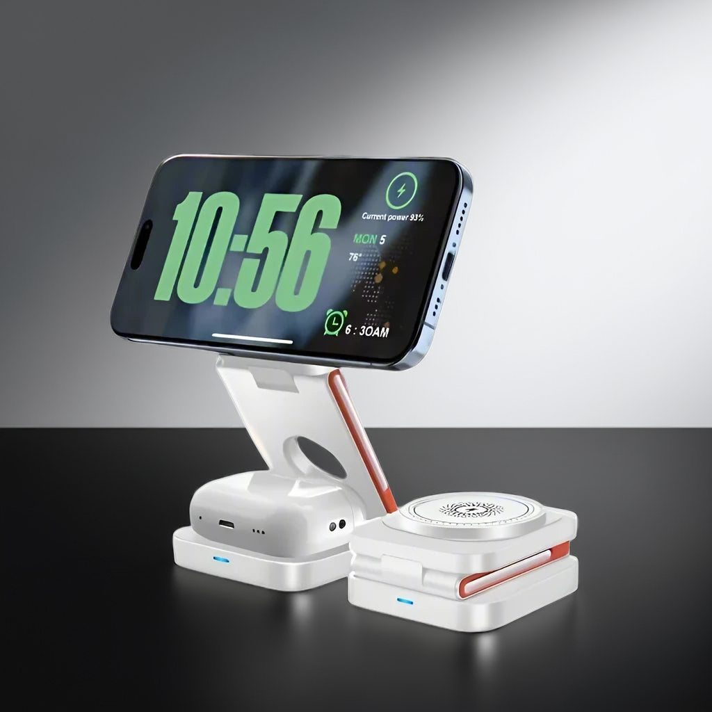 Angled view of the folding charging station showing its compact design and multiple charging ports from Utopia Corner