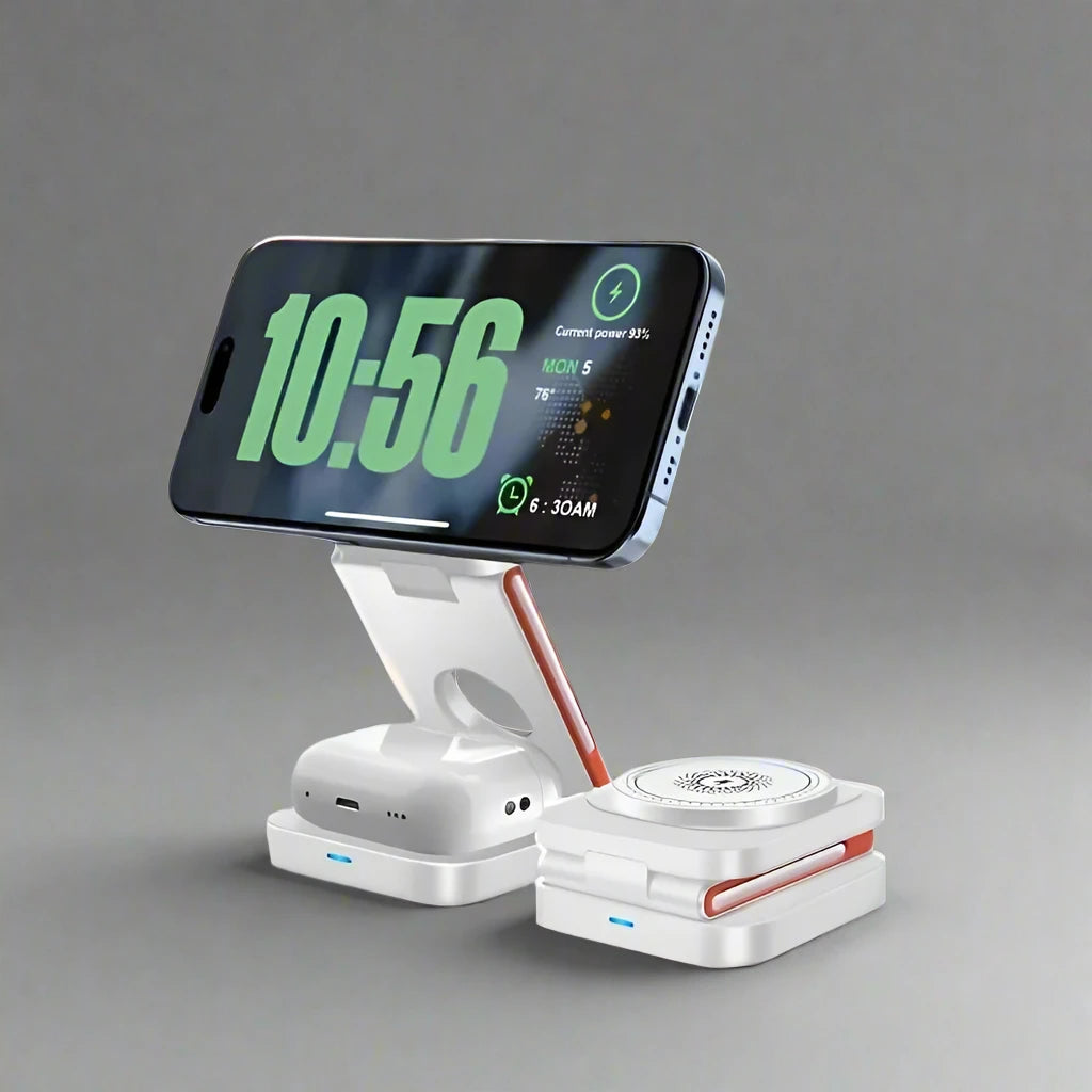 Angled view of the folding charging station showing its compact design and multiple charging ports from Utopia Corner