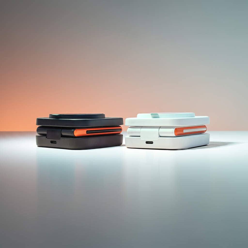 Black and white color variants of the folding charging station showcasing sleek design options from Utopia Corner