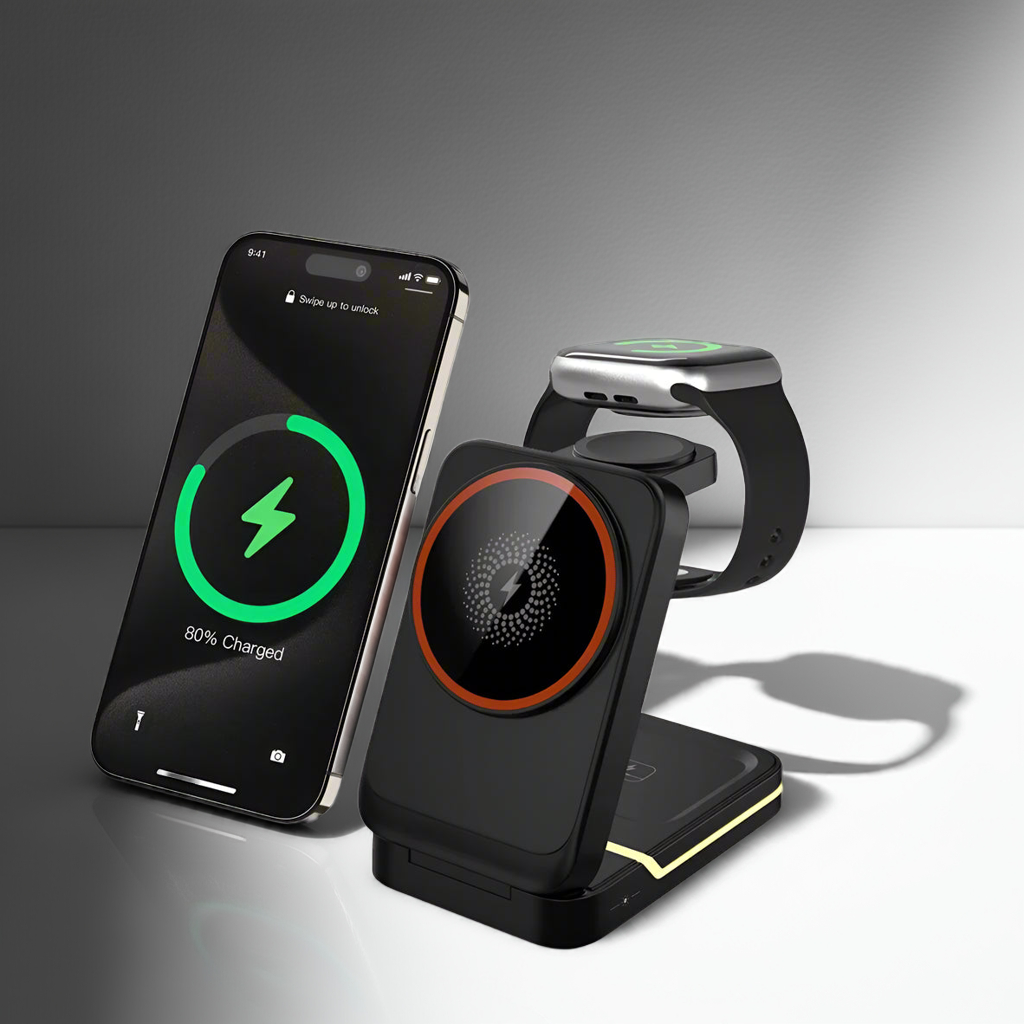 Black folding charging station charging multiple devices simultaneously, showcasing organized cable management from Utopia Corner