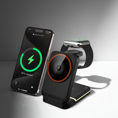 Black folding charging station charging multiple devices simultaneously, showcasing organized cable management from Utopia Corner