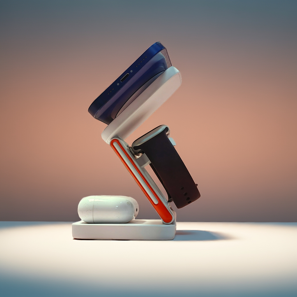 Folding charging station in use with multiple devices charging simultaneously, showcasing organization and convenience from Utopia Corner