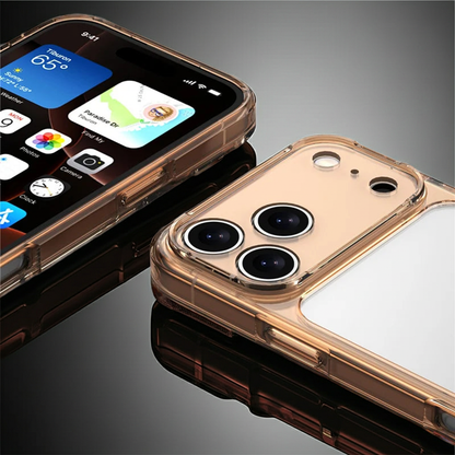 Smartphone with a clear case on a reflective surface
