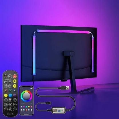 Monitor with RGB lighting strip, remote control, and smartphone app on a purple background
