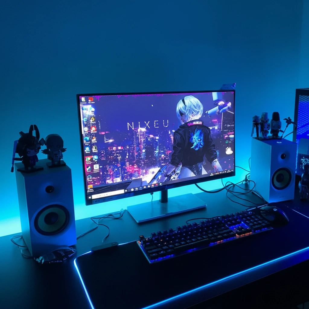 Gaming setup with monitor, keyboard, and speakers on a desk in a dark room with blue lighting.