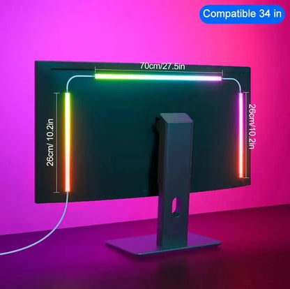 Monitor with RGB lighting and measurements on a pink background