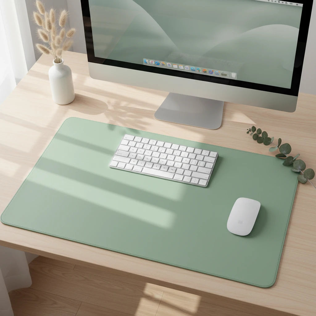 Green PU leather mouse pad with stitched edges and smooth waterproof surface for stylish workspace use
