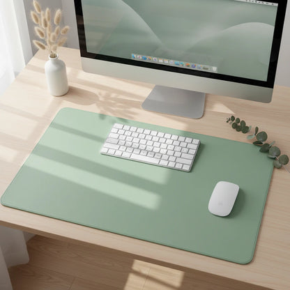 Green PU leather mouse pad with stitched edges and smooth waterproof surface for stylish workspace use
