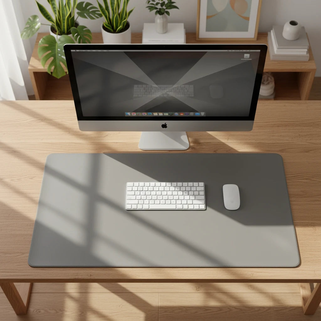 Grey PU leather mouse pad with minimalist stitched edge design for modern and clean workspace
