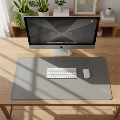 Grey PU leather mouse pad with minimalist stitched edge design for modern and clean workspace
