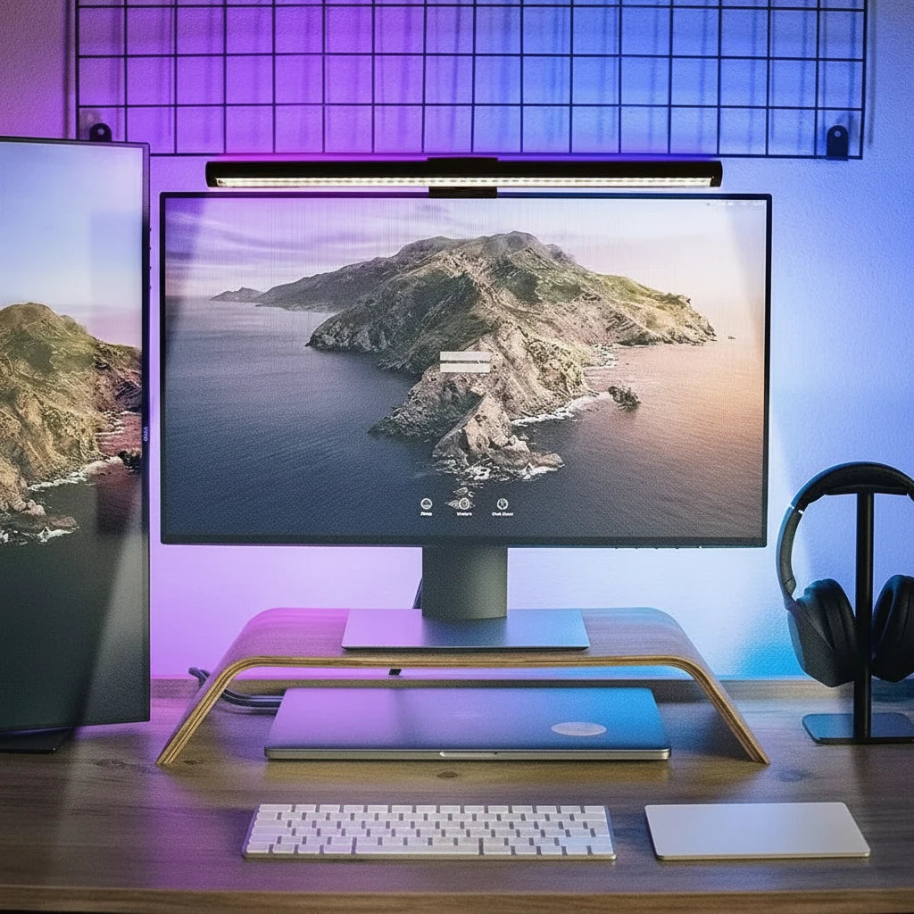 LED monitor light bar with RGB backlight mounted on a computer monitor in a modern workspace