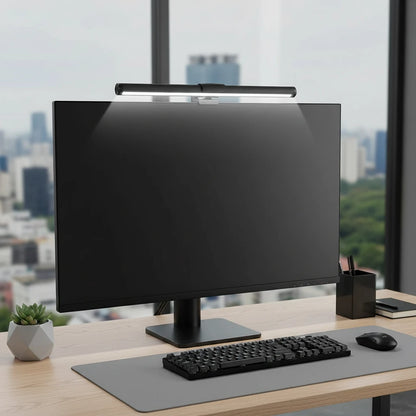 LED monitor light bar with RGB backlight illuminating minimalist home office setup for improved productivity and reduced eye strain