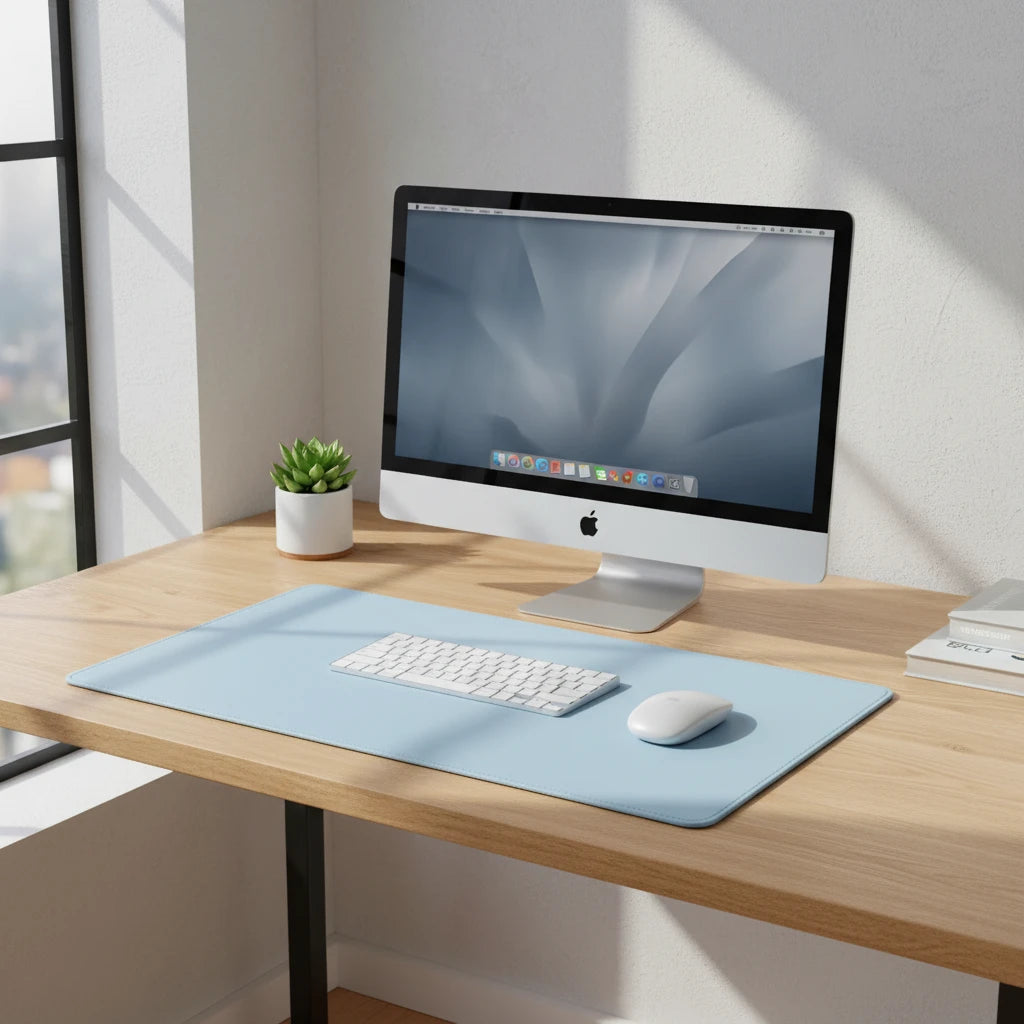 Light blue PU leather mouse pad with elegant stitched edges and smooth surface for refined desk aesthetics
