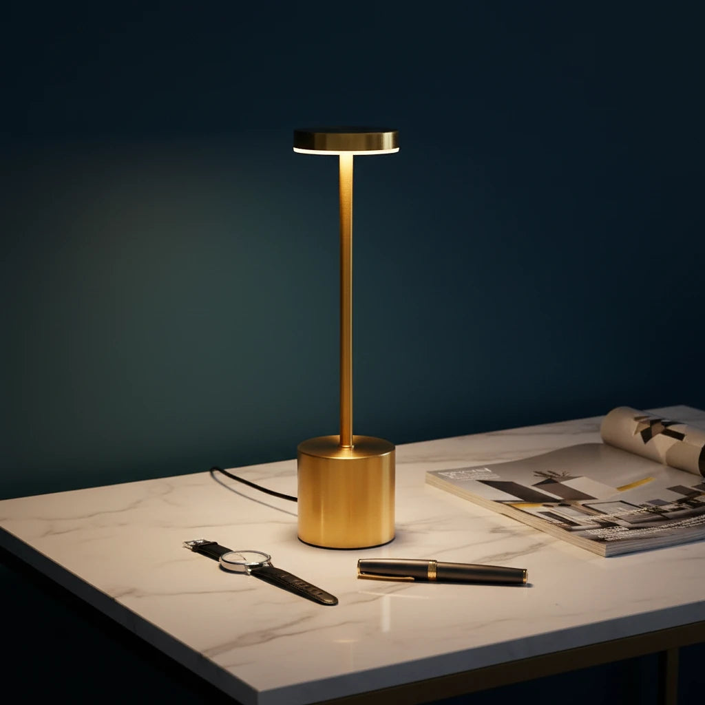 Gold desk lamp standing on working desk