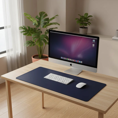 Navy blue PU leather mouse pad with premium stitched edges and waterproof surface for office or home use
