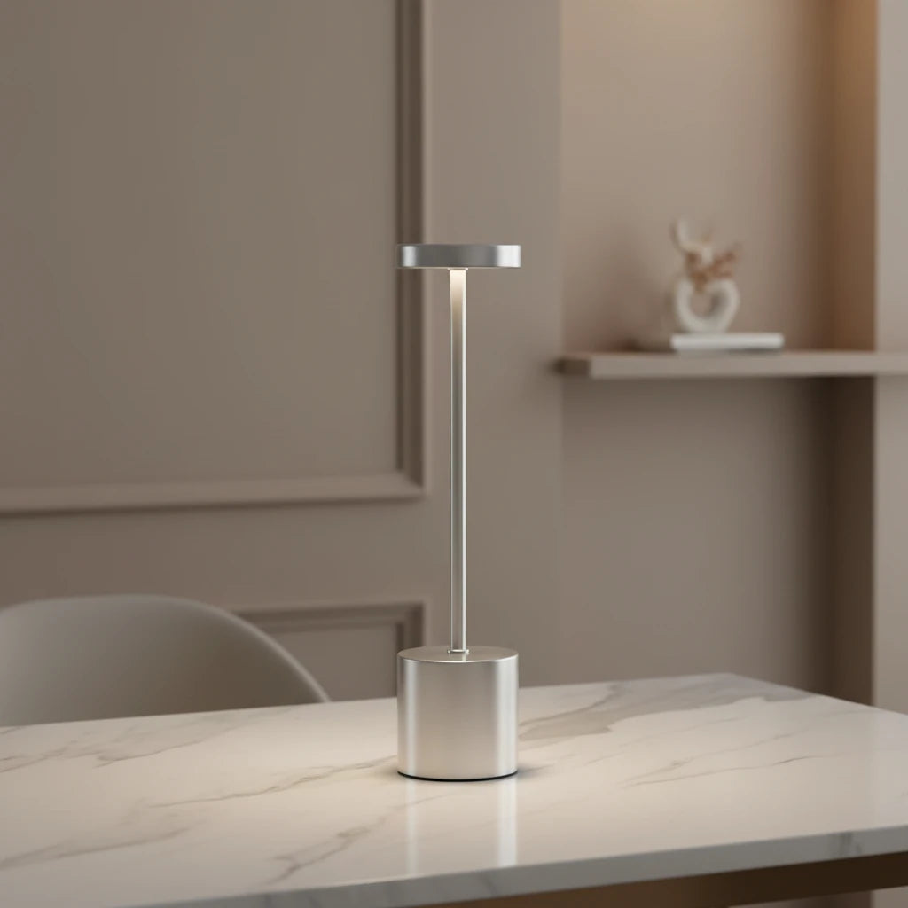 silver desk lamp standing on the living room desk