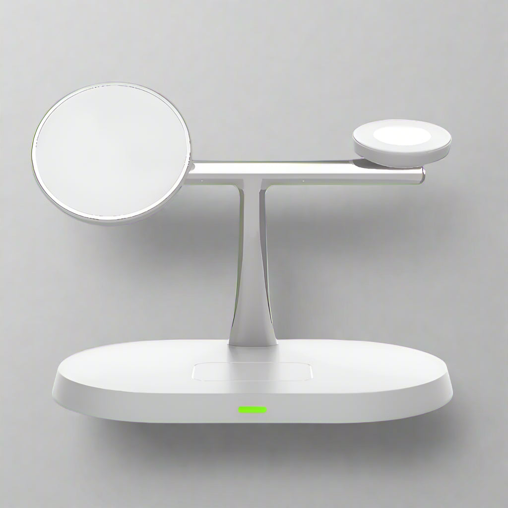 White Apple charging station for iPhone, AirPods, and Apple Watch with minimalist design
