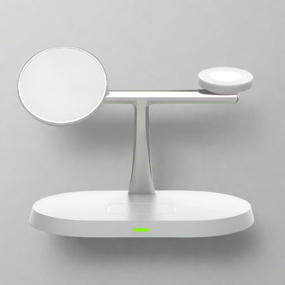 White Apple charging station for iPhone, AirPods, and Apple Watch with minimalist design
