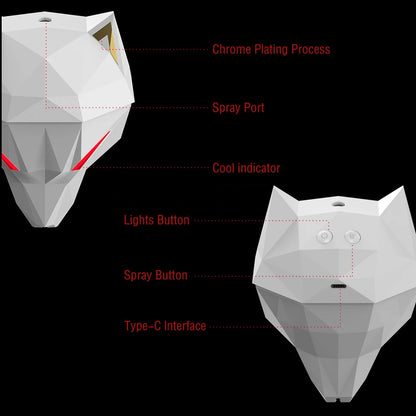 Wolf Air Humidifier close-up of colorful LED eyes with mist release for better indoor air quality