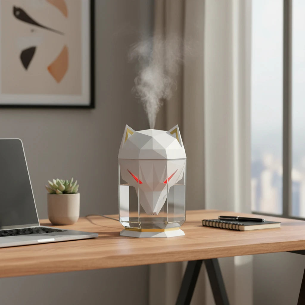 Wolf Air Humidifier glowing softly with colorful LED eyes creating relaxing ambiance on bedside table