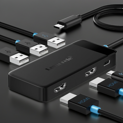 Black USB hub with multiple ports on a dark surface